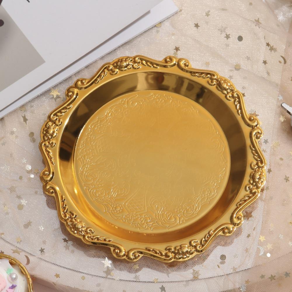 Golden Silver Cake Tray Round Dinner Serving Tray Retro Fruit Snack Plate  Party Decorative