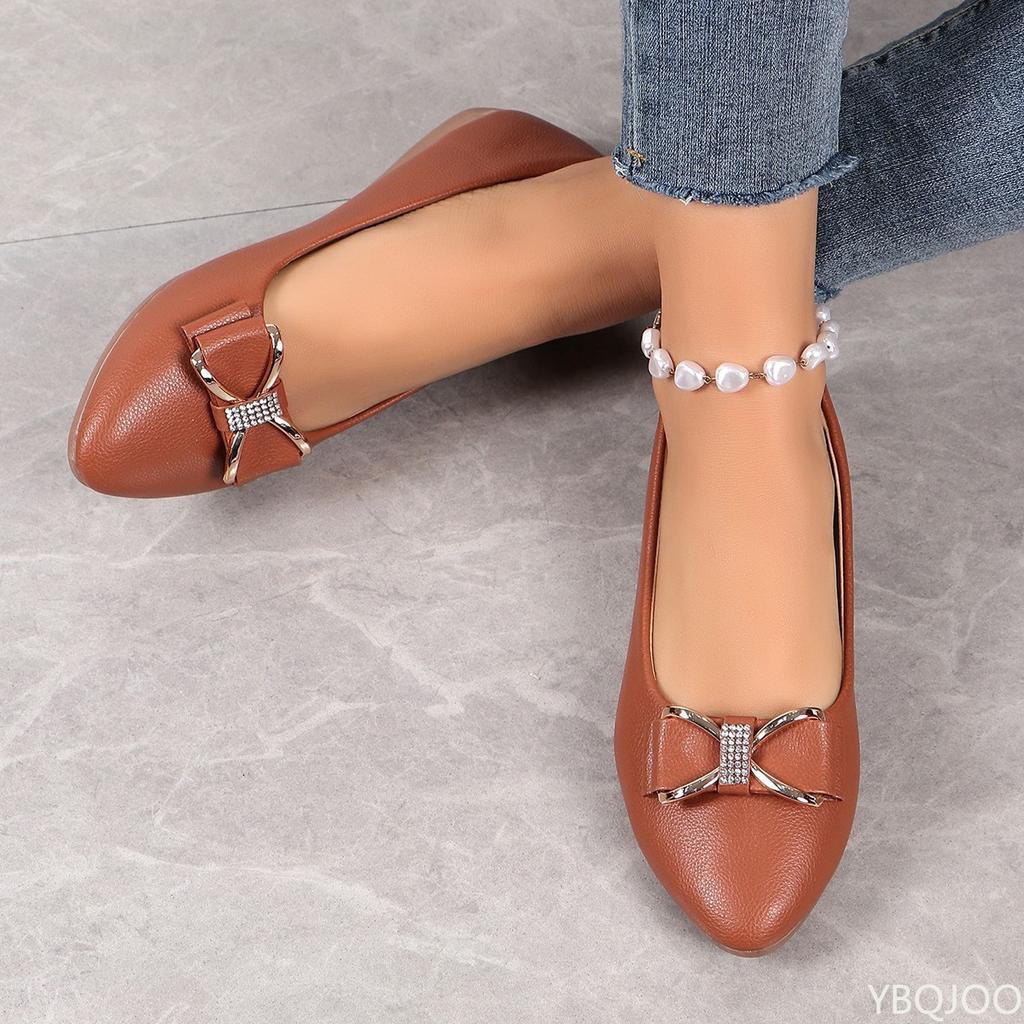 Pointed luxury Women's Flat New casual bow soft soled shoes Large size shallow mouth bean shoes Solid color comfort work flats