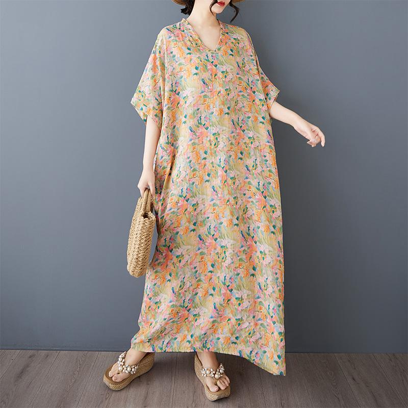 Dimanaf 2025 Summer Plus Size Dress Women Casual V-Neck Vintage Shirt Dress Loose Basic Printing Dress