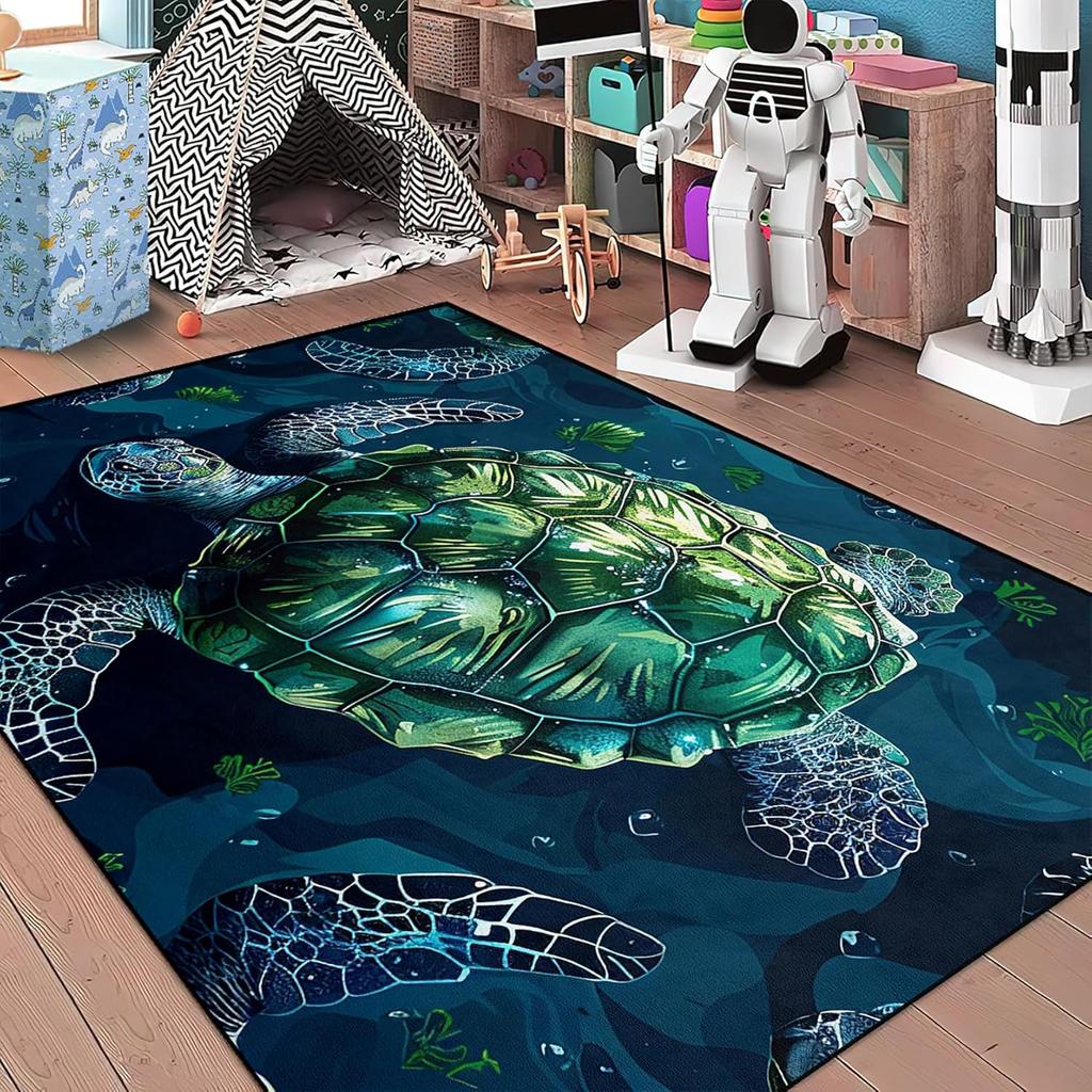 Green Sea Turtle Area Rug for Kids and Adults, Ocean Animal Print Carpet, Coastal Decor Non-Slip Rug for Bedroom and Living Room