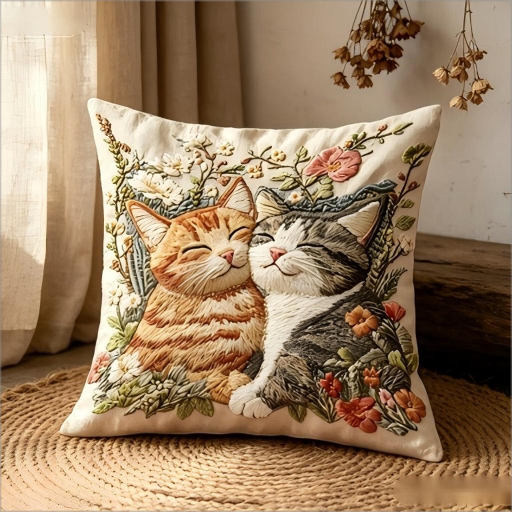 Cute Floral Cats Pillow Cover 2D Faux Embroidery Print Adorable Kittens In Flowers Cushion Case For Sofa Bed Couch Rustic Home