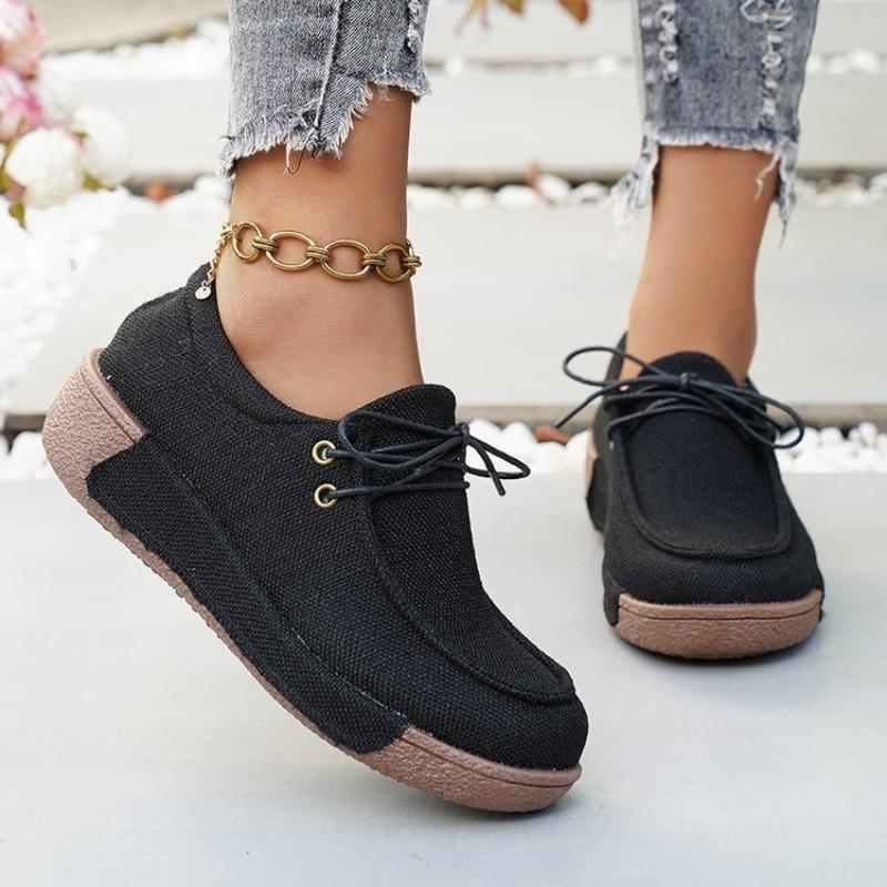 Women Plus Size Canvas Platform Loafers Winter European American Style Lace Up Casual Rocker Shoes