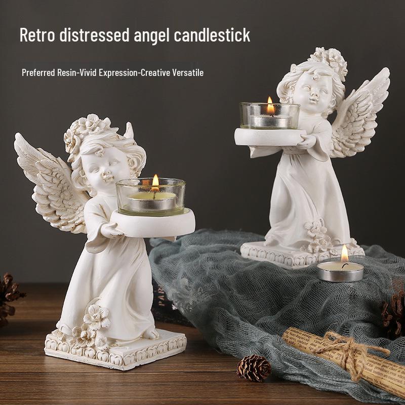 Figurine Bougeoir Ange Européen en Résine - Décoration de Table Rétro pour Dîners Romantiques aux Chandelles