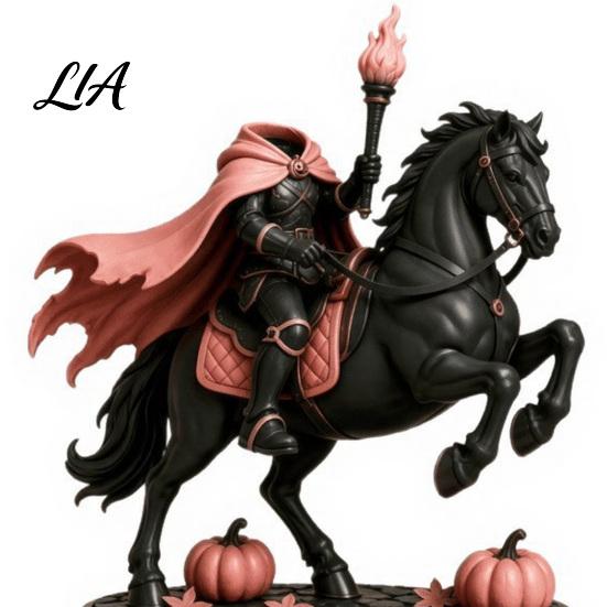 Fantasy Myth Legend Statue Headless Torch Knight Figurine with Horse Pumpkin, Gothic Pink Resin Spooky Desk Accessory for Halloween Mantel Tabletop