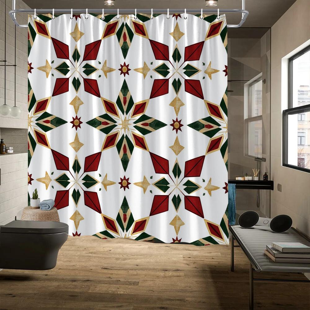 Geometric Star Curtain, Red-Green-Gold Design, Polyester, Diamonds & Triangles, Fade Resistant, Machine Washable, Bath Decor
