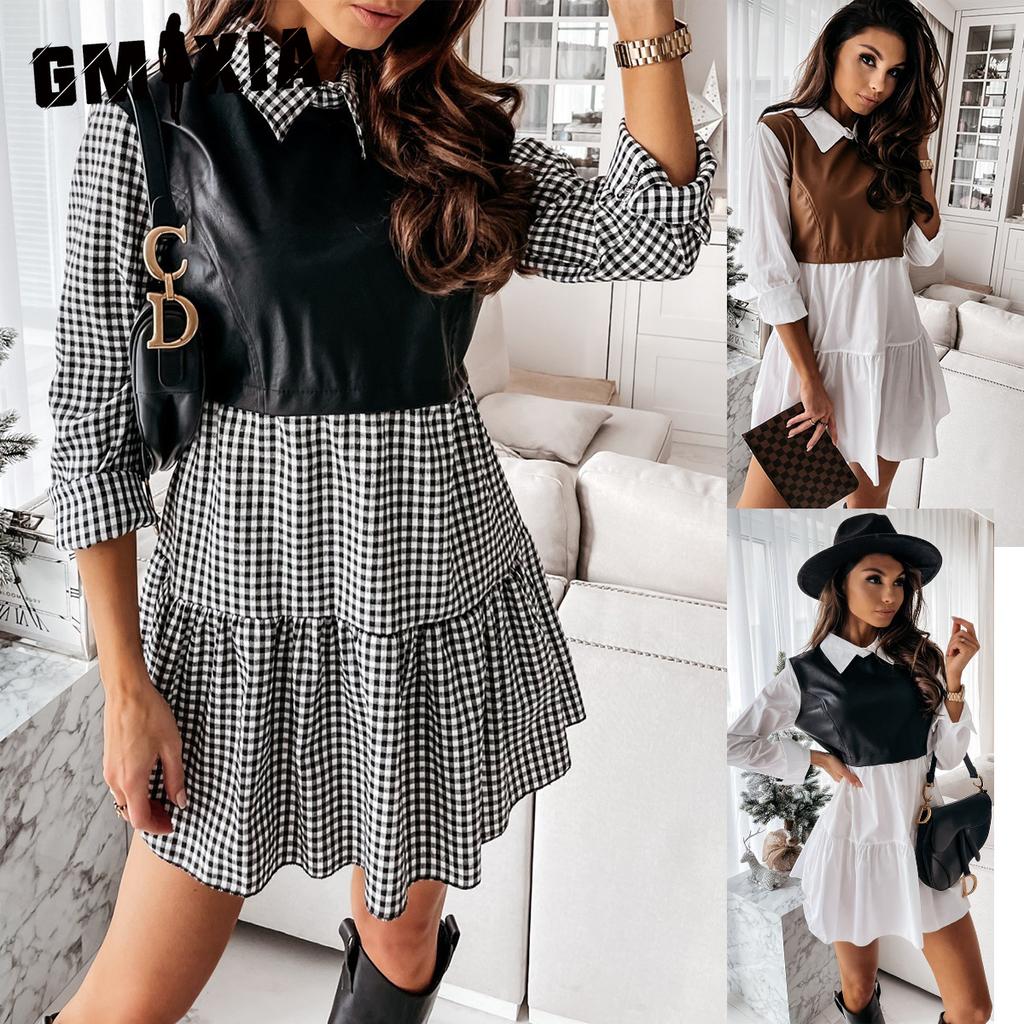 GMXIA Fashion Women Leather Dress Patchwork Plaid Mini Dress Party Casual Skirt Spring Ruffle Dress