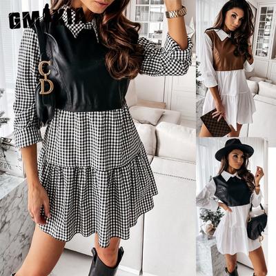 Fashion Women Leather Dress Patchwork Plaid Mini Dress Party Casual Skirt Spring Ruffle Dress