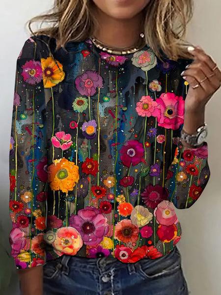 Round Neck 3D Flower Printed Top Fashionable Casual Long Sleeved Women's T-shirts
