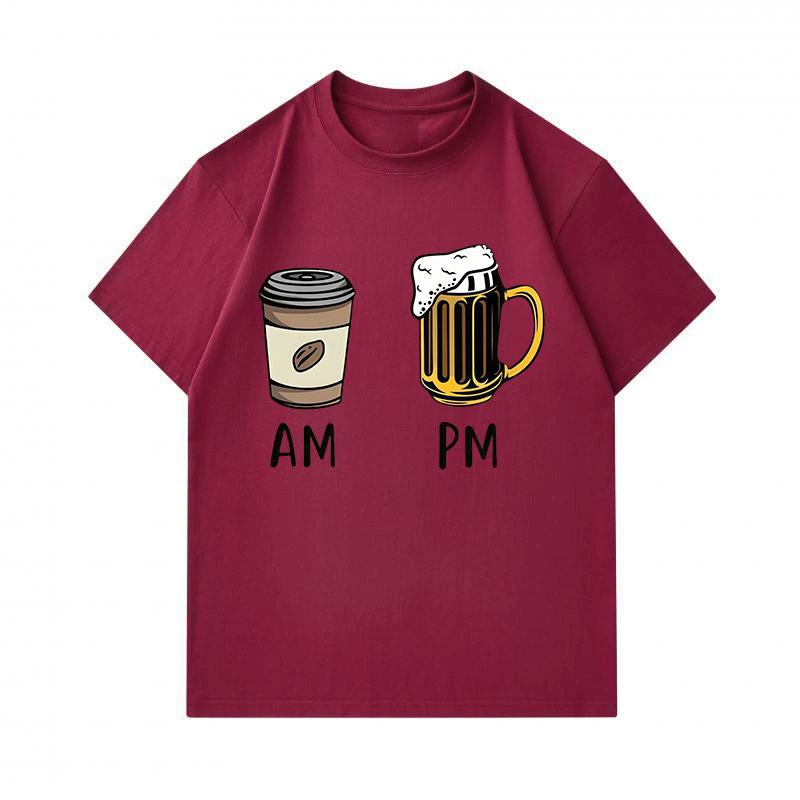 Men's 100% Cotton Crew Neck Short Sleeve T-Shirt, Funny AM Coffee PM Beer Graphic Casual Daily Wear Tee, Soft Breathable Summer Top for Men