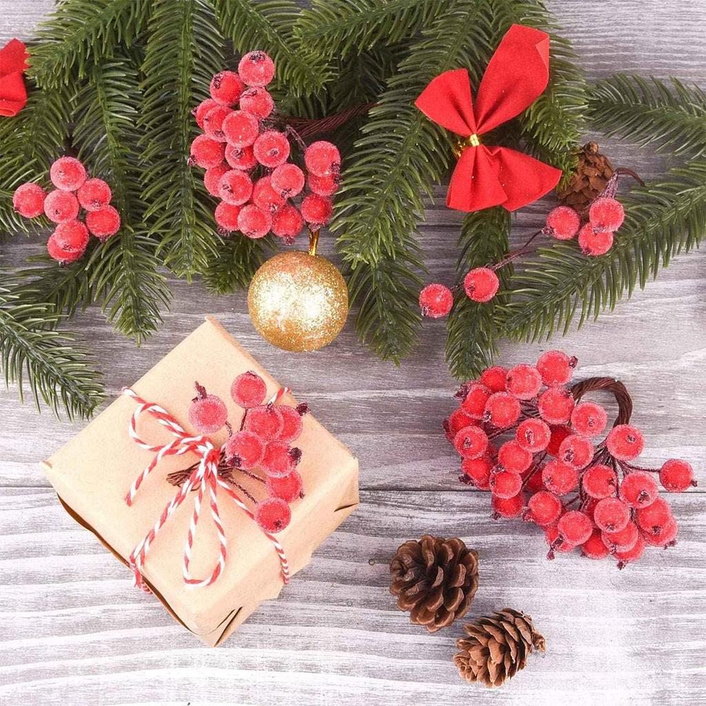 Artificial Frosted Holly Berry Double Head Mini Berry Bouquet Red Berries Flower Christmas Fake Fruit Cherry Stamen DIY Craft