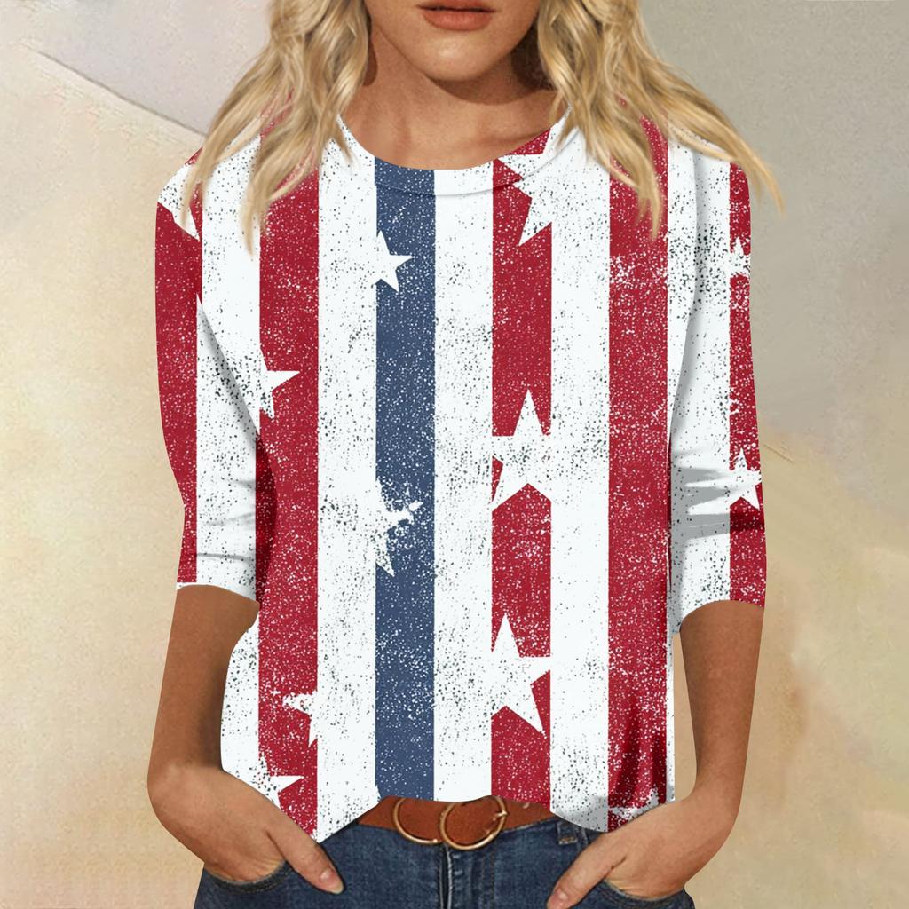 Women's Fashion Casual Seven-Sleeve Independence Day Print Round Neck Top