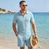 Summer New Men's Polo Shirt Set Casual Sporty Cool Fashionable Slim Fit Solid Color Short Sleeved Jacquard Shorts Set Men's