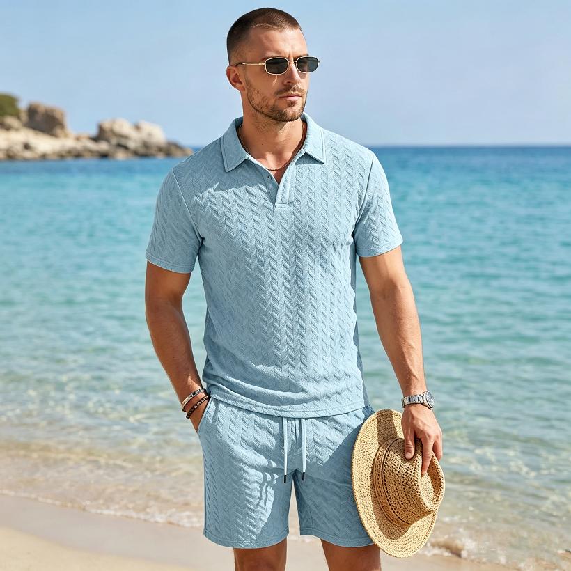 Summer New Men's Polo Shirt Set Casual Sporty Cool Fashionable Slim Fit Solid Color Short Sleeved Jacquard Shorts Set Men's