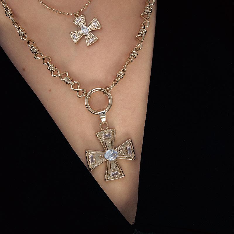 Heavy Industry Light Luxury Retro Stacked Cross Necklace Spice Girl Punk Style Multi-layer Versatile Gold Clavicle Chain