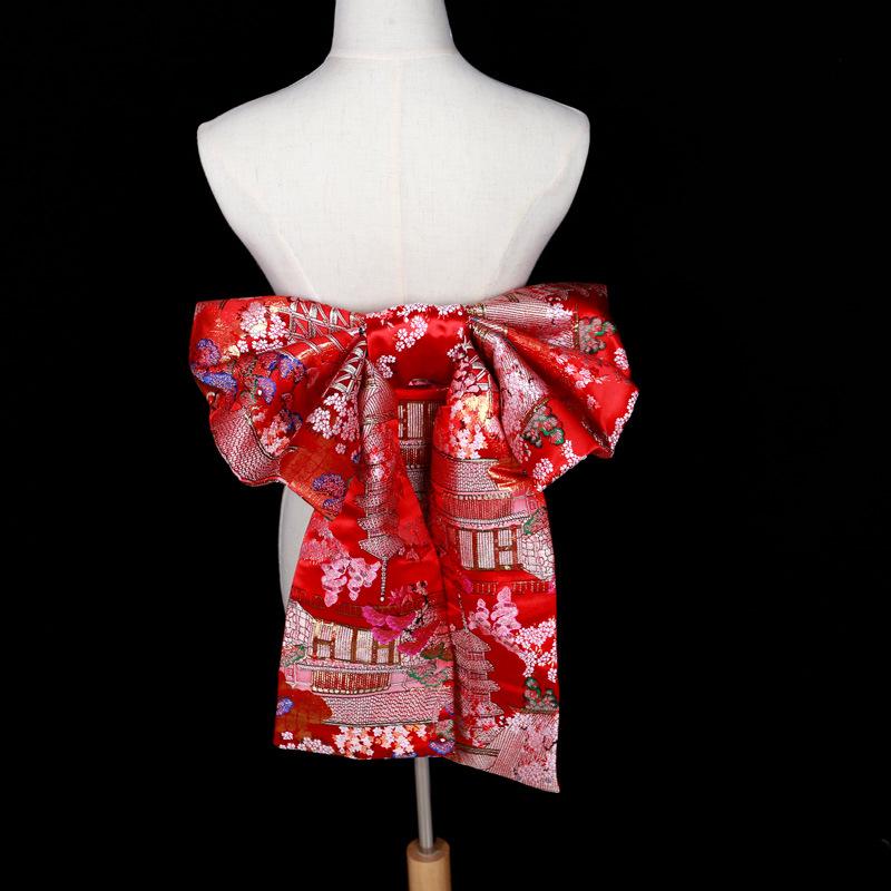 Japanese Kimono Obi: Brocade Jacquard Taiko Bow with Floral Knot Trim