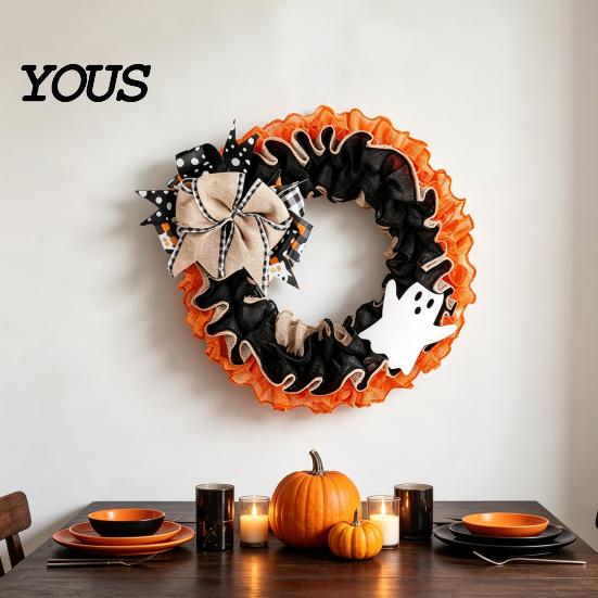 Spooky Door Wreath 15 Inch Halloween for Front Door, Rustic Ruffle with Linen Bow Ghost And Burlap Fireplace Walls Windows Gothic Party Decor