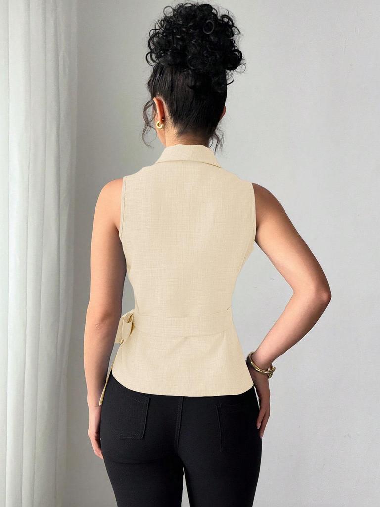 European-American Style Sleeveless Summer 2025 Slim Fit Tie-Up Cardigan Blouse for Women