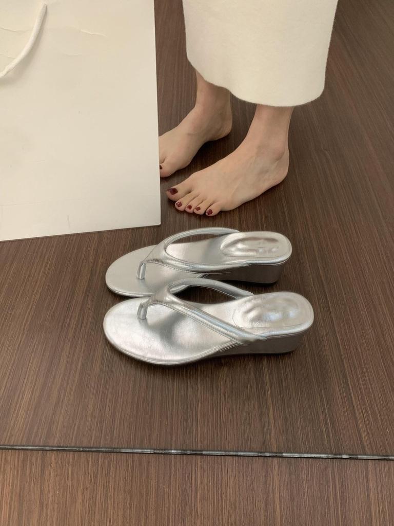 Beautiful pink leopard print wedge heel flip-flops shoes female new fairy high heel sandals