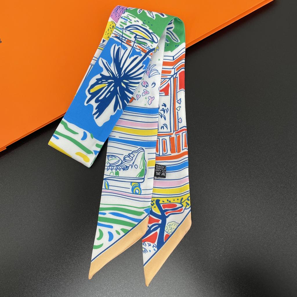 2024 Markendesign Karomuster Seidenschal Luxusschal Damen Foulard Schmaler Taschenschal Halstuch für Damen Mode Haar Stirnband