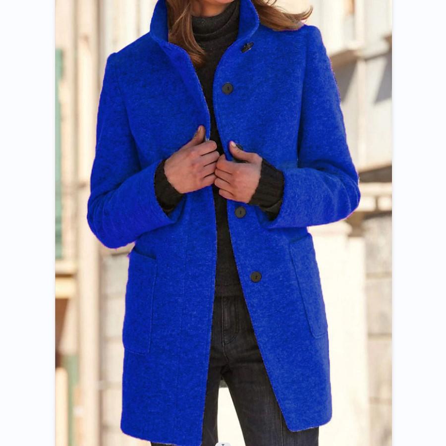 Casual Solid Color Stand-Neck Jacket with Print Design and Pockets for Autumn/Winter