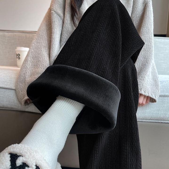 

Женские утолщенные бархатные теплые широкие брюки из кашемира с высокой талией, прямые теплые брюки для женщин, полосатые новые осенне-зимние брюки XXL чёрный