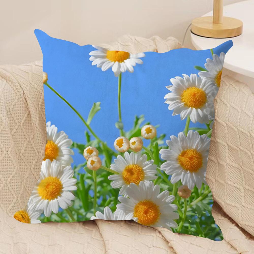 Flower Daisy Cushion Cover Soft Plush Fabric Double-Sided Printed Sofa Cushion Cover for All Seasons Home Decor Gift