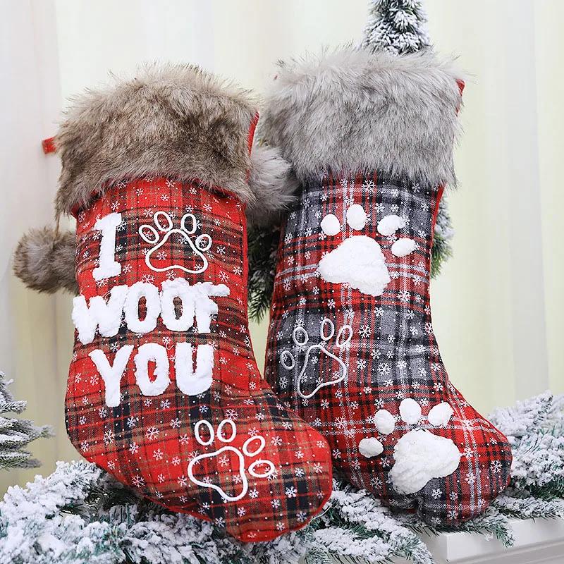 1pc Dog Christmas Ornaments Socks Pendants XMAS Fur Collar Lattice Socks Christmas Tree Decorations Navidad  Wholesale