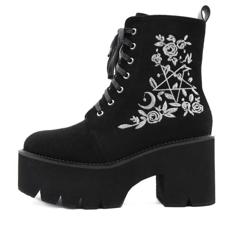 

Women s Suede Embroidered High Heel Ankle Boots Chunky Heel Platform Boots Black Women Side Zipper Short Boots Plus Size 43 43 чорний