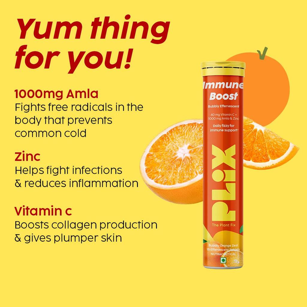 PLIX - THE PLANT FIX Vitamin C Immunity Booster Effervescent 15 Tablets Pack Of 1 Orange Flavour Zinc Amla