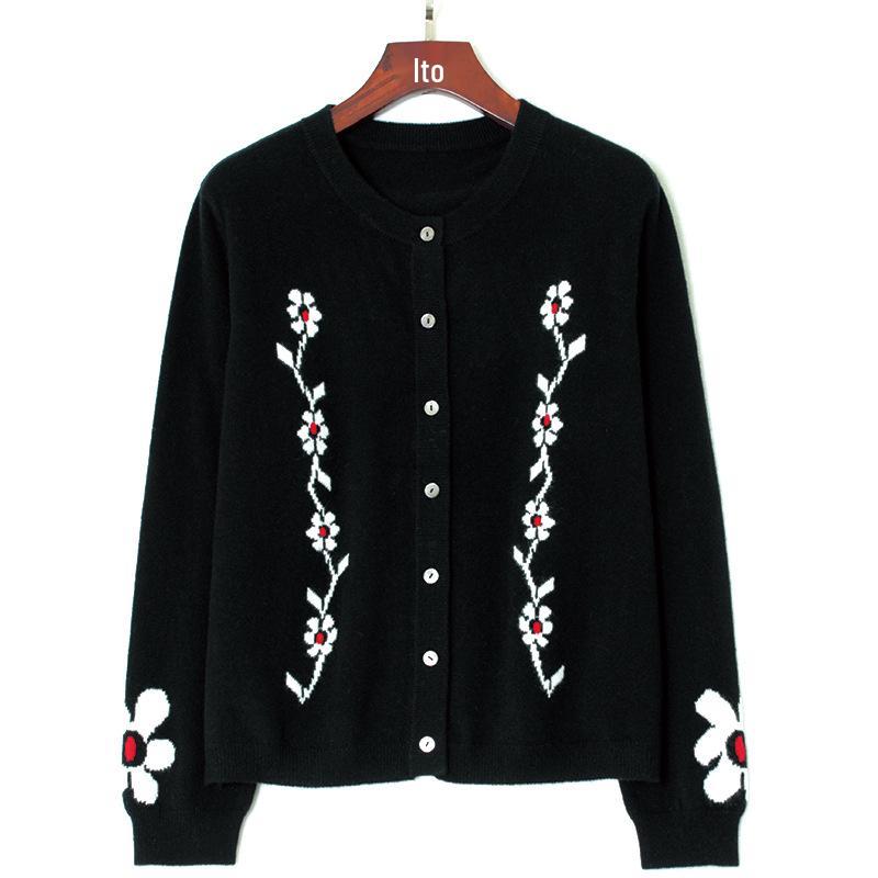 

12-Gauge Intarsia Cashmere Crew Neck Cardigan with 7 Shell Buttons and Drop Shoulder Design One Size