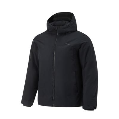 Li Ning Bequeme Lässige Minimalistische Kapuzen-Daunenjacke mit Reißverschluss für Herren Oberbekleidung Schwarz AYMU571-4