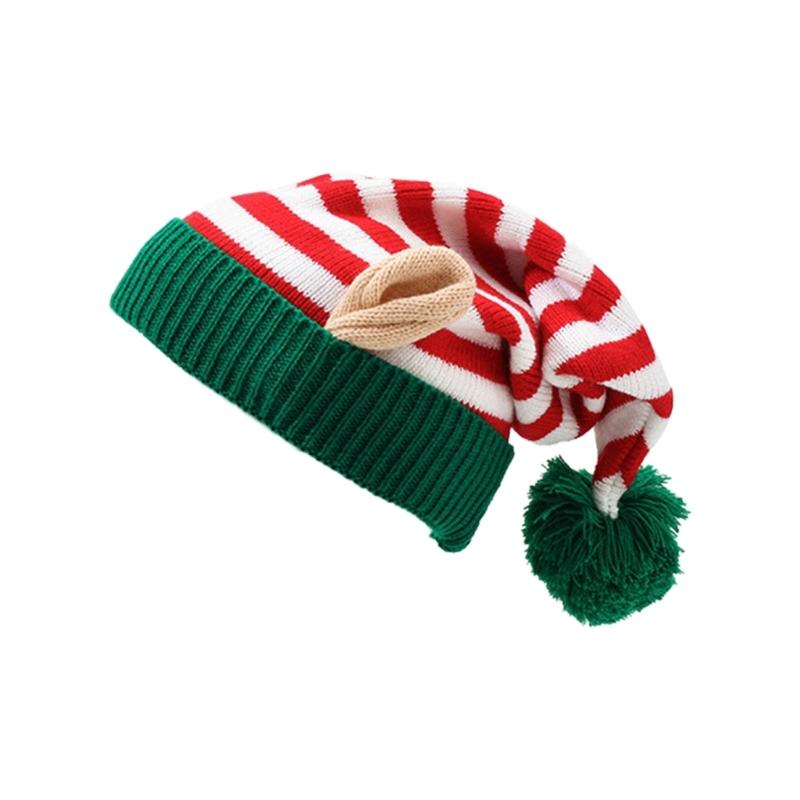 Knitted Acrylic Christmas Hats striped With Ear Top Winter Outdoor Wool Ball Daily Wear