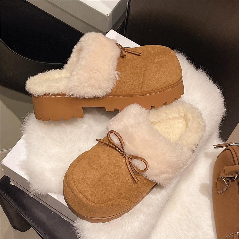 Retro Heightening Shoes Women's Autumn and Winter Outer Wear 2025 New Velvet Warm Bow Bag Head Half Drag Wool Cotton Slippers