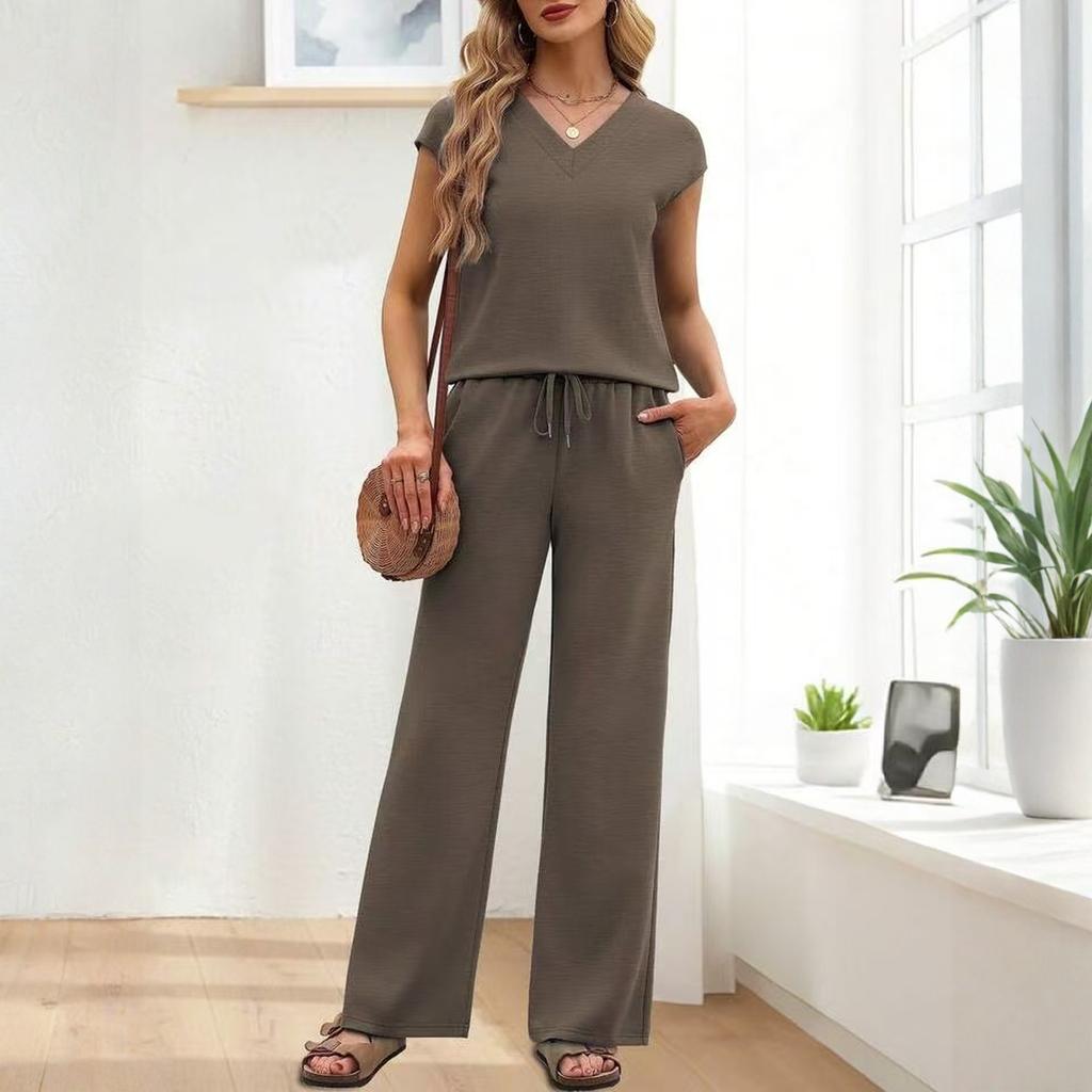 Fashionable Women's Loose V-neck Short Sleeved Top, Loose Casual Wide Leg Pants Set