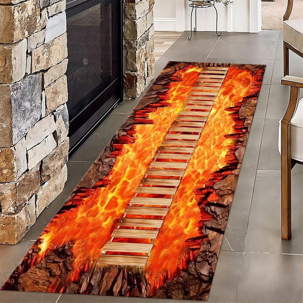 3D Optical Illusion Lava Bridge Print Carpet Water-absorbent Non-Slip Fire Pattern Decor Floor Mat for Living Room Home Decor