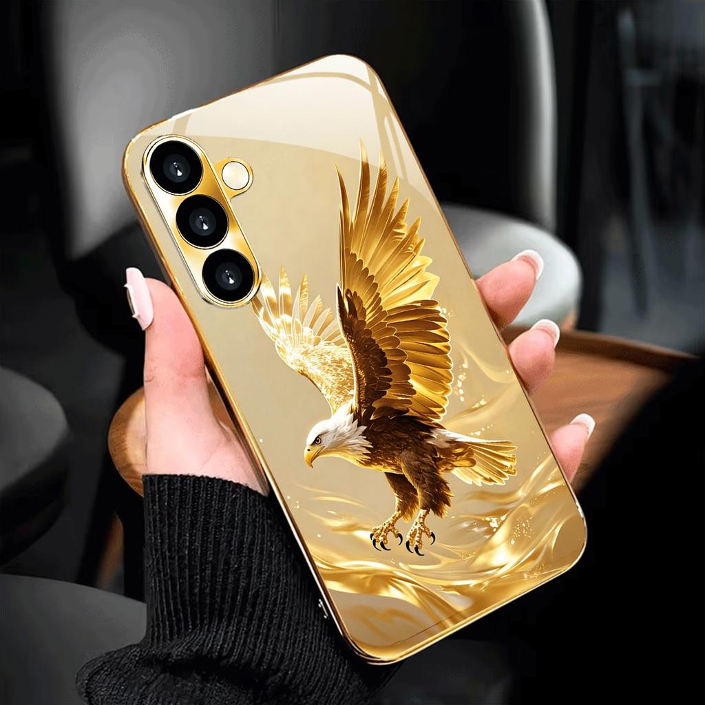 Golden Eagle Pattern Glass Phone Case Suitable for Samsung Galaxy S26 S25 S24 S23 S22 S20 FE/Ultra/Plus Anti Drop Back Cover