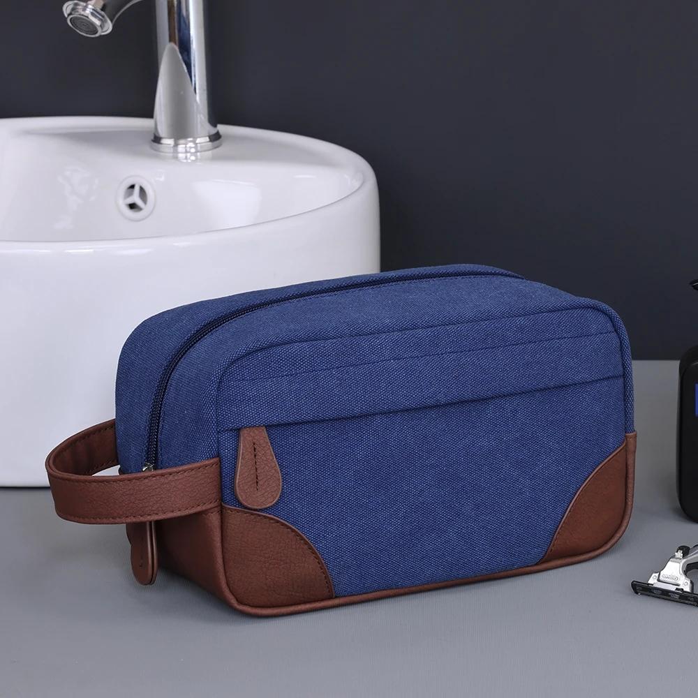 

New Vintage Men s Cosmetic Bag Canvas PU Stitching Toiletry Bag Travel Essentials Portable Cosmetics Organizer Storage Bag
