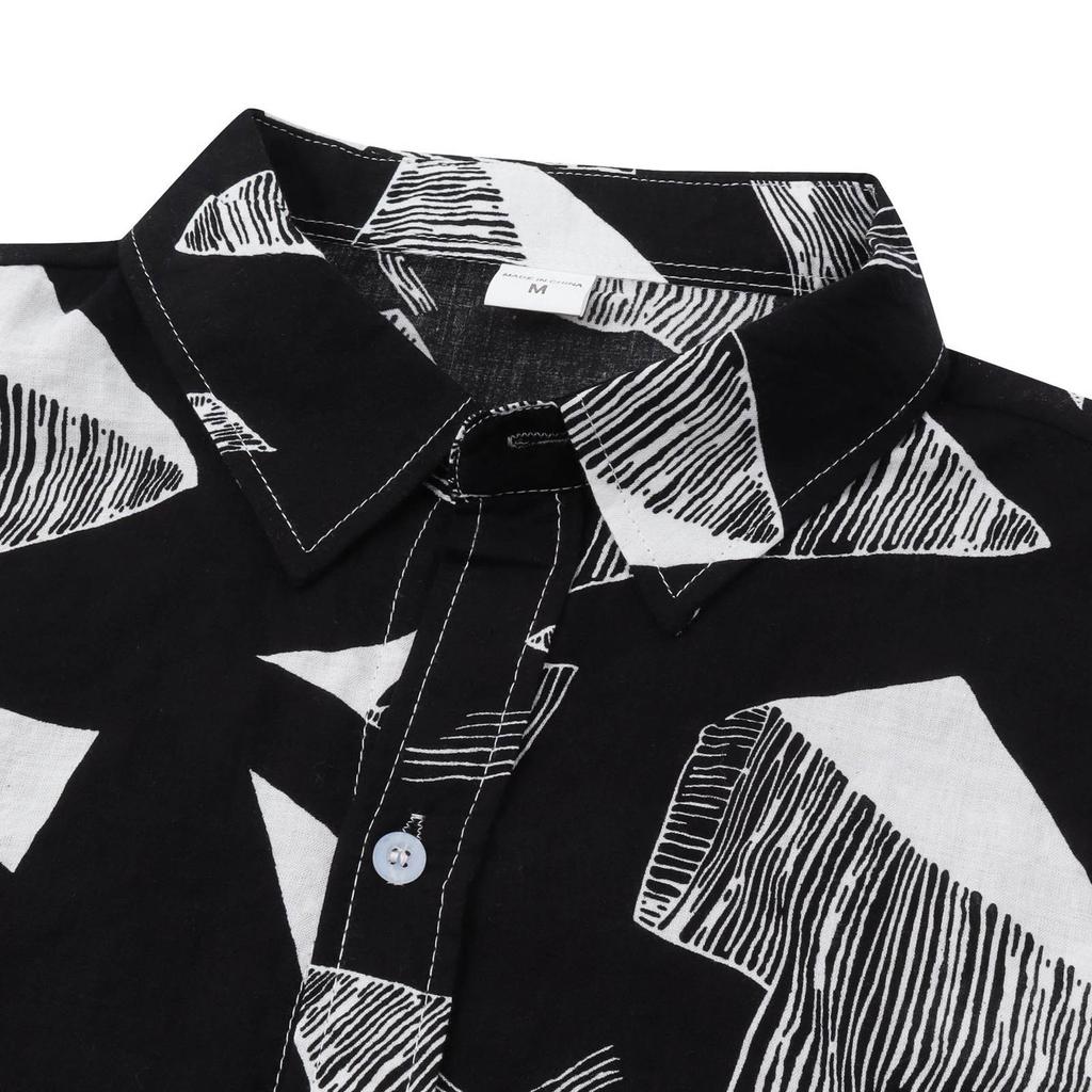 Men's Summer Casual Loose Resort Geometric Print Short Sleeve Top Beach Lapel Shirt