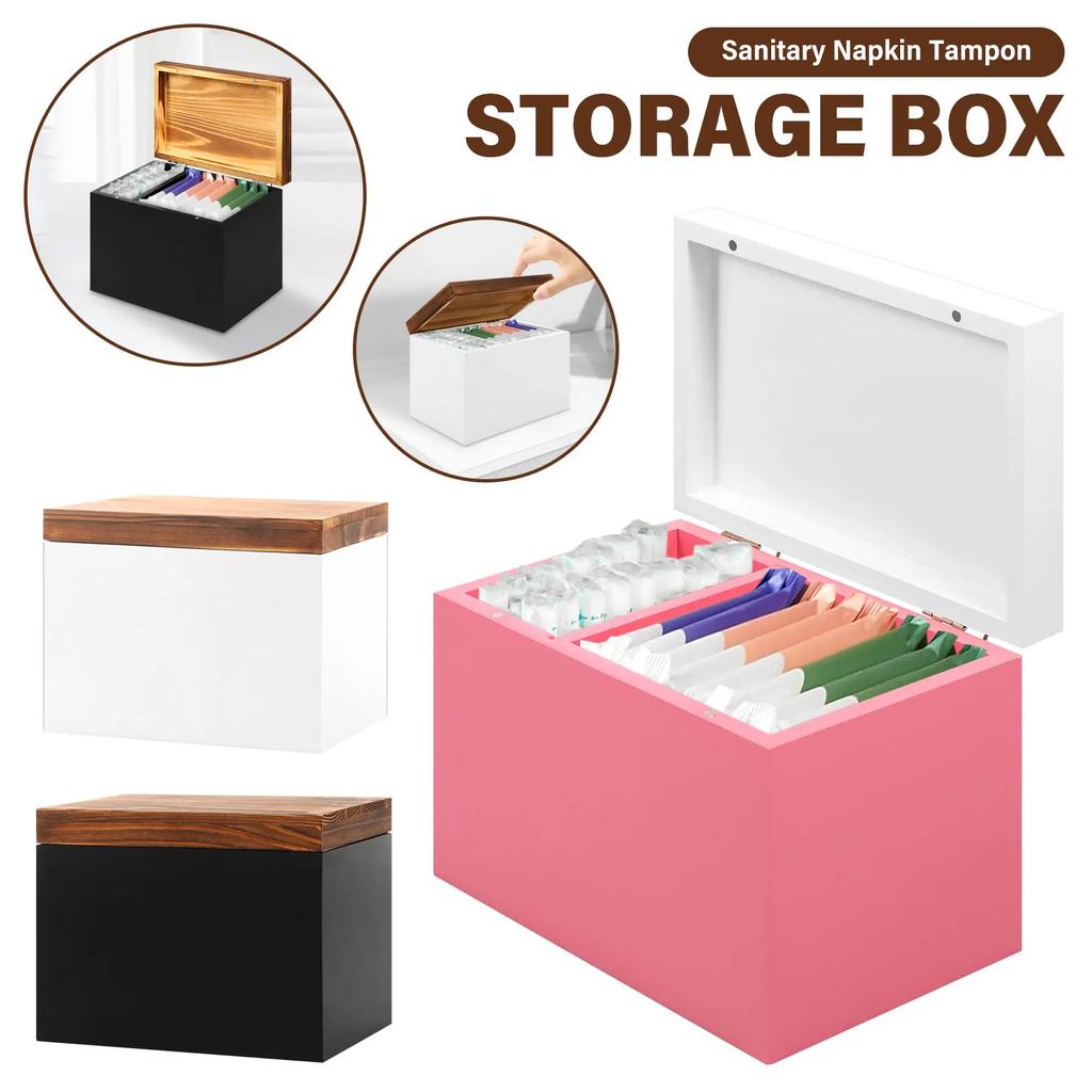 Wooden Pad and Tampon Holder 2-Compartment Countertop Storage Box with Hinged Lid Multi-role Bathroom Feminine Product Organizer