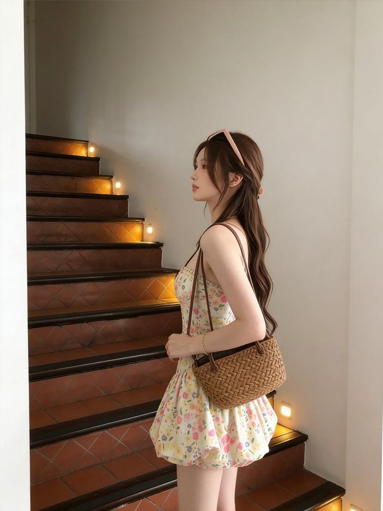 2026 French Floral Slip Dress: Spring/Summer Vacation Style, Waist-Cinched Short Skirt