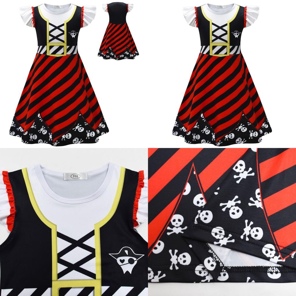 Skull Print Halloween Girls Dress With Ruffle Hem And Printed Fabric For Kids Age 3 To 8