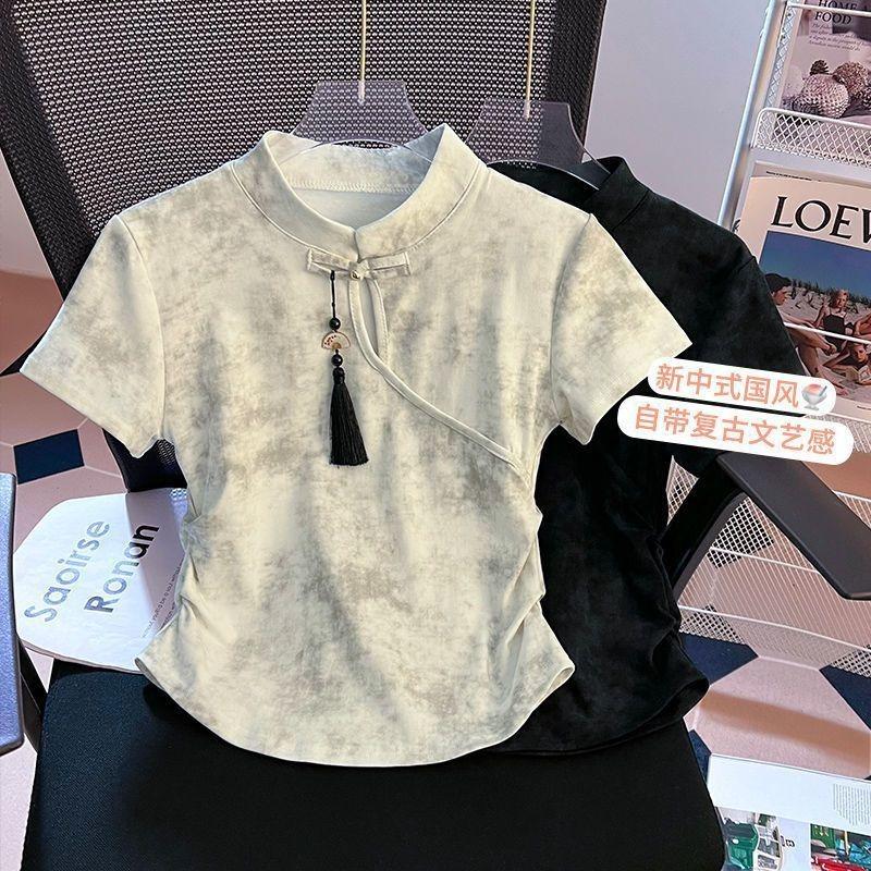 New Chinese Style Disc Buckle Tie-dye Irregular Slim-fit Short-sleeved T-shirt Women's Summer New Short Versatile Clothes