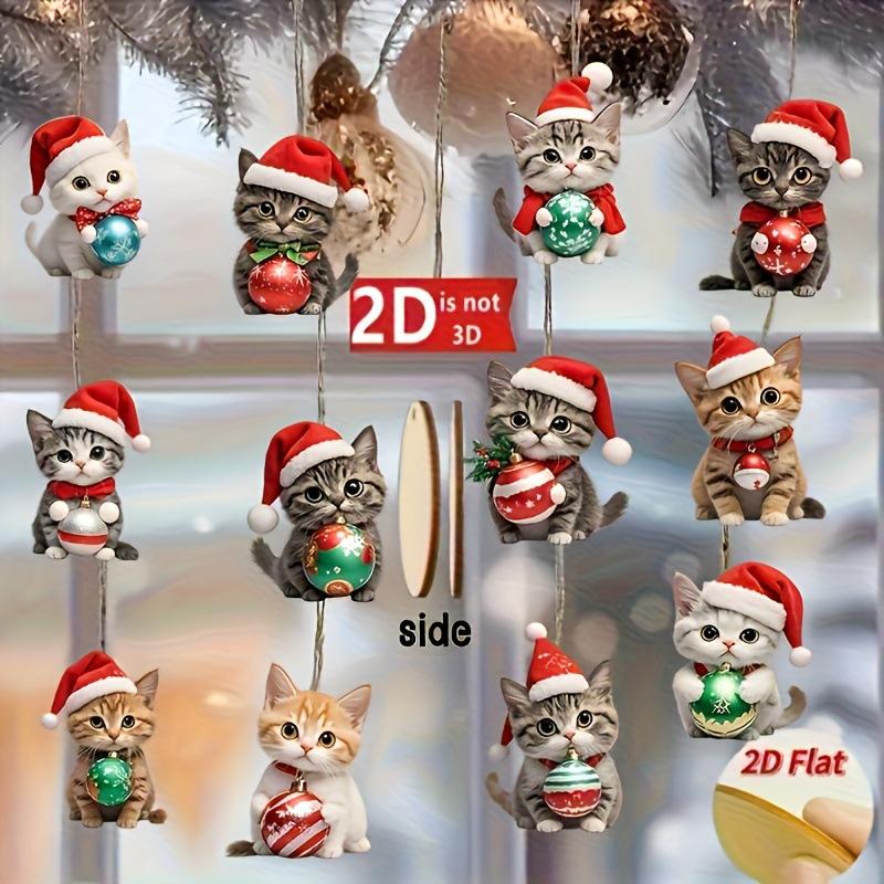 12Pcs Cartoon 2D Flat Christmas Cat Wooden Pendant Ornament Christmas Tree Hanging Decoration  Year Party Home Decoration