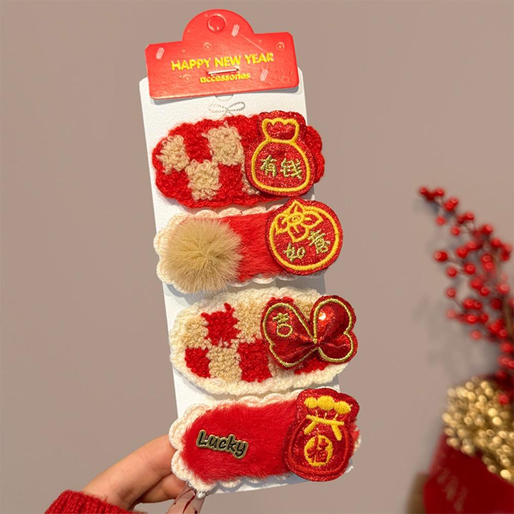 Plush Character Fortune Hairpin Headwear Chinese New Year Barrettes Red Hair Clips  Spring Festival