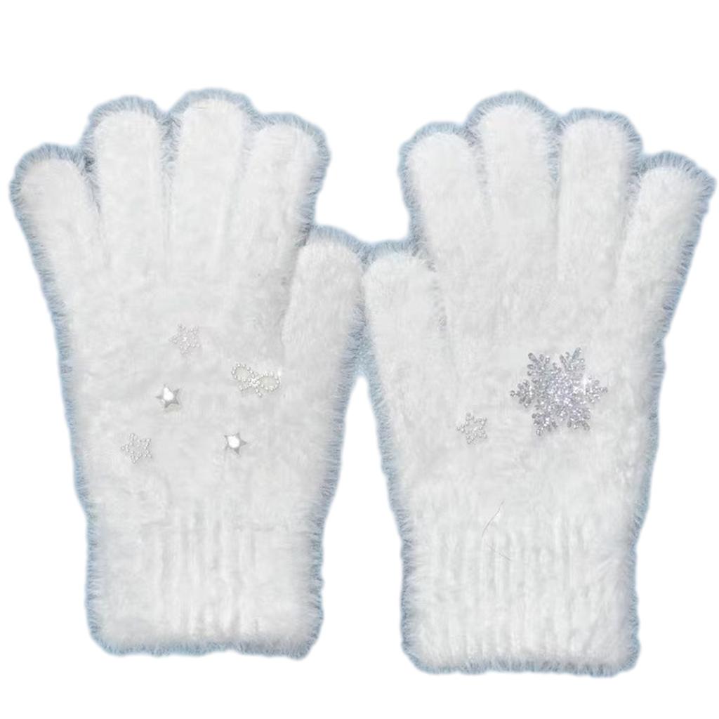 Snowflake Full Finger Gloves for Women Fashion White Short Gloves Cashmere Like Gloves for Teens Girl Casual Hand Warmer