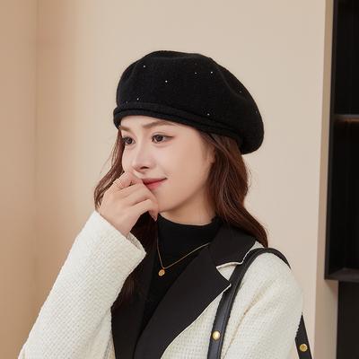 Women Beret Classic French Hat - Elegent Black Wool Beret for Party Romantic French Themed Fancy Dress