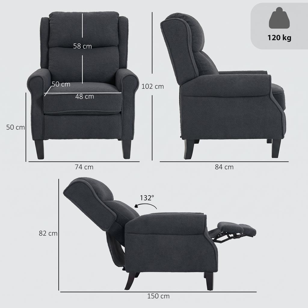 132 degrees Recliner Armchair, with Extended Footrest - Dark Grey