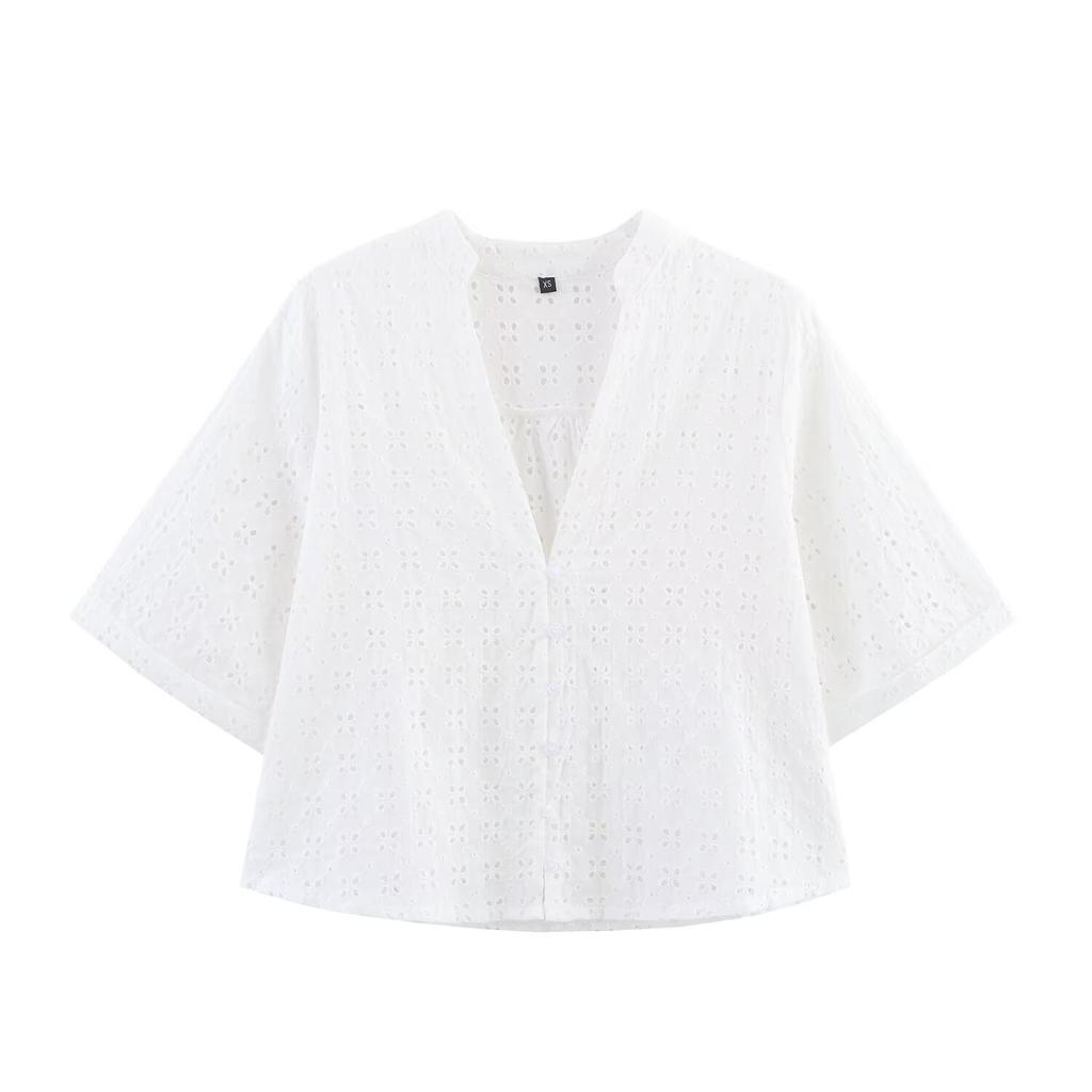 European and American Style, New Women's Clothing Hollow Embroidered Short Shirt Hollow Embroidered Wide-leg Pants 2587077