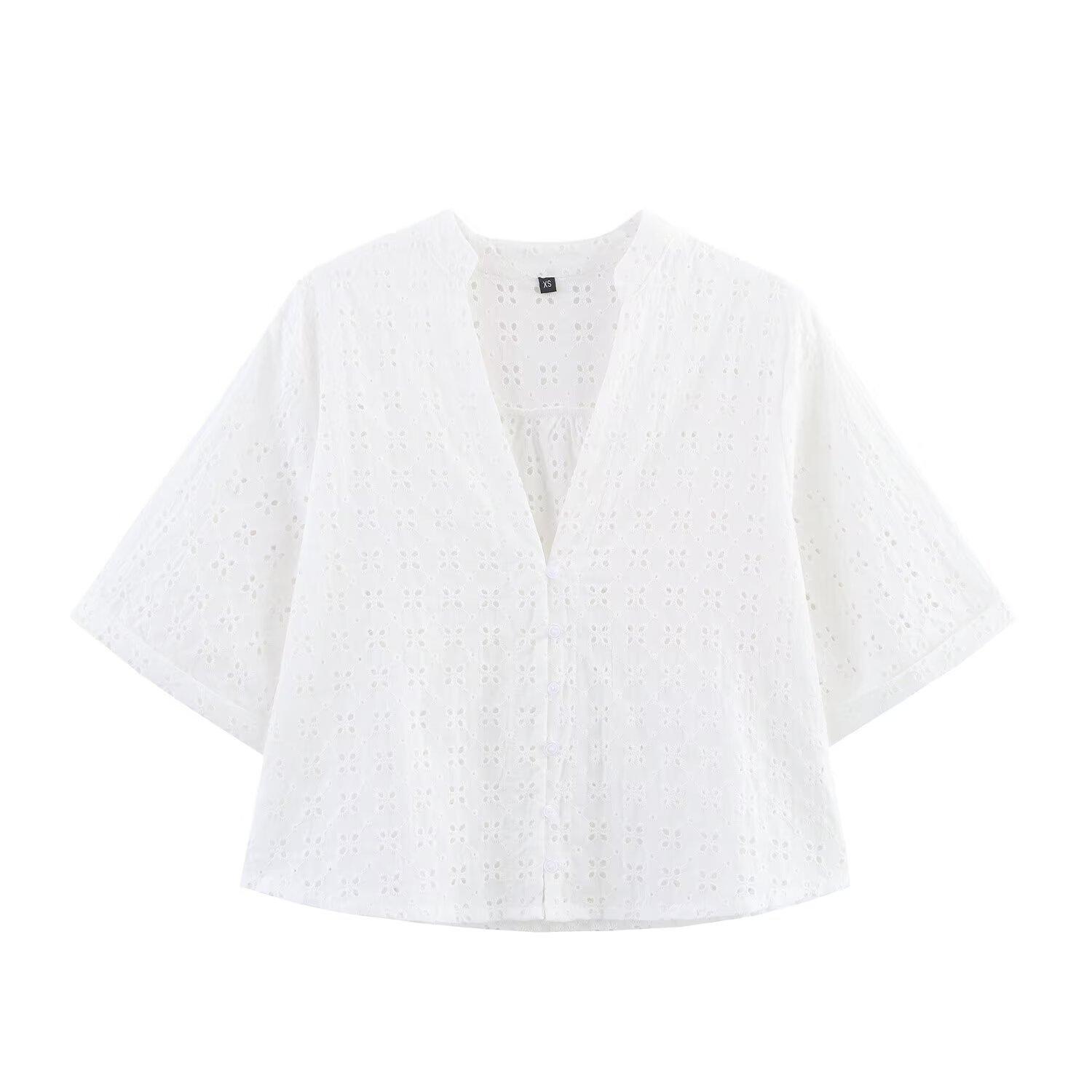 European and American style, new women s clothing hollow embroidered short shirt hollow embroidered wide-leg pants 2587077 XS