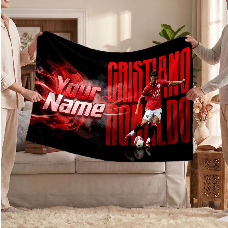 Cristiano Ronaldo Personalized Fleece Blanket With Football Logo, Custom Name Text Soft Warm Home Throw Blanket